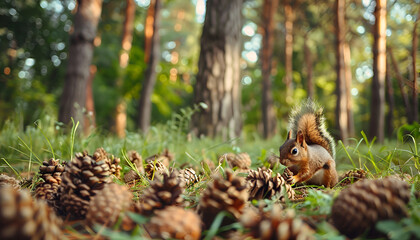 Fototapeta premium Pine cones in the forest.A squirrel gnaws a nut, found a nut, cones, a handful, many cones lie on the ground, on the grass