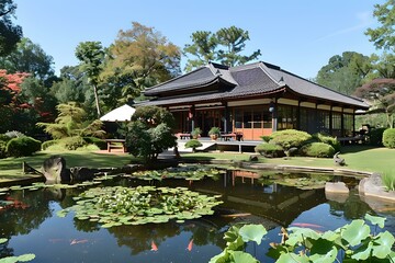 Naklejka premium Japanese Garden With Pond and House