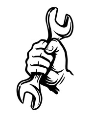 Working hand with wrench. Tool spanner in fist. Repair shop, service emblem or symbol. Vector illustration