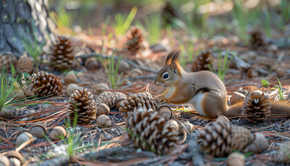 Obraz premium Pine cones in the forest.A squirrel gnaws a nut, found a nut, cones, a handful, many cones lie on the ground, on the grass