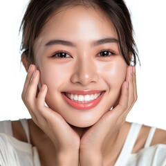 Young Beauty Asian women big smile white teeth skin healthy on 100% isolate white background.