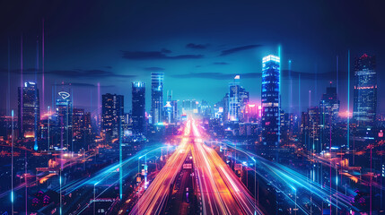 Fototapeta premium Isometric smart city design concept. Business center with skyscrapers and intelligent buildings,IOT for the internet of things