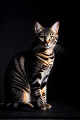 Studio portrait of a sitting tabby cat looking forward against a dark background