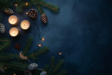 Christmas tree vibe, with natural light, in the style of dark blue, candles, peaceful decor