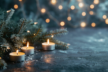 Christmas tree vibe, with natural light, in the style of dark blue, candles, peaceful decor