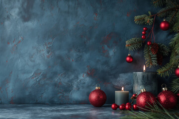 Christmas tree vibe, with natural light, in the style of dark blue, candles, peaceful decor