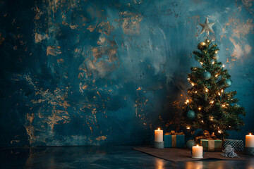 Christmas tree vibe, with natural light, in the style of dark blue, candles, peaceful decor