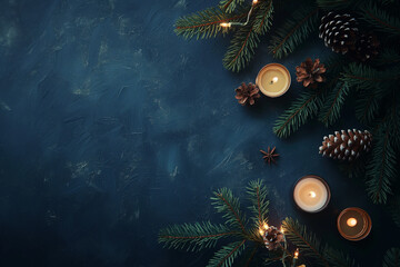Christmas tree vibe, with natural light, in the style of dark blue, candles, peaceful decor