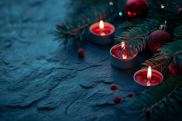 Christmas tree vibe, with natural light, in the style of dark blue, candles, peaceful decor