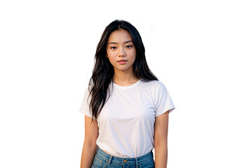 Obraz premium Asian woman in plain white T-shirt