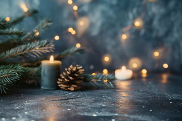 Christmas tree vibe, with natural light, in the style of dark blue, candles, peaceful decor