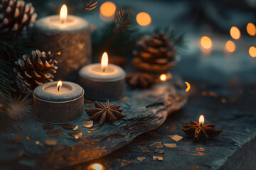 Christmas tree vibe, with natural light, in the style of dark blue, candles, peaceful decor