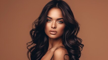 Naklejka premium Beautiful glamorous model woman with long wavy and shiny hair against brown studio