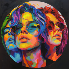 features several lgbt people with different colored hair, in the style of pop art illustration