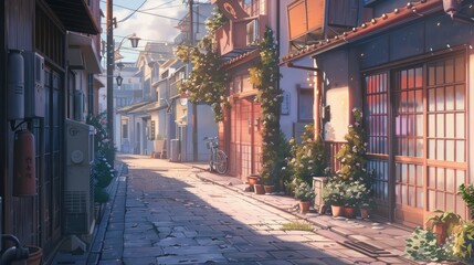 Obraz premium Serene anime city street in the early morning, with soft light illuminating quiet sidewalks and charming buildings