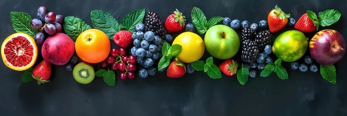 Crédence de cuisine Cuisine Colorful Fruit Arrangement on Dark Background  © Miodrag