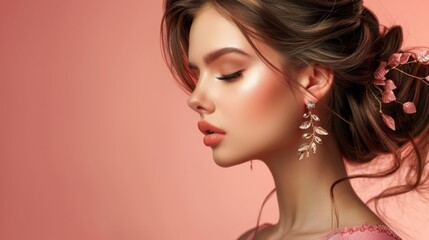 Naklejka premium Beautiful model girl with elegant hairstyle and fashionable leaflet earrings . Woman with fashion hair and accessories