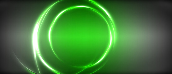 Neon glowing circle rays, light round lines in the dark, planet style neon wave lines. Energetic electric concept design for wallpaper, banner, background