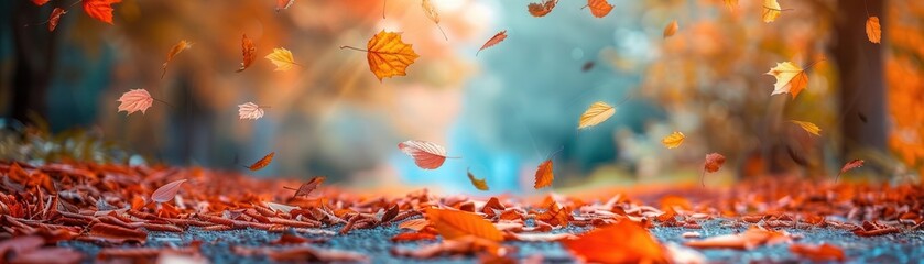 Pathway lined with vibrant autumn leaves falling, botanical background focus on, scenic route, surreal, blend mode, garden path, copy space for text