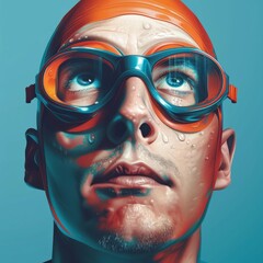 Intense Focus of Swimmer s Face in Close up Art with Goggles and Cap  Ready for Olympic Competition