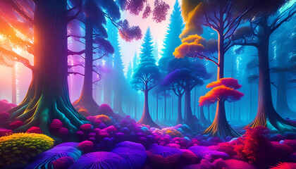 3D Vibrant color forest landscape. dark woods and fog