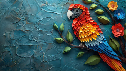 Obraz premium Vibrant parrot created using paper quilling techniques, perched on a branch against a textured blue background with flowers