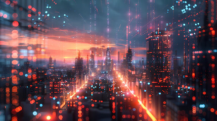 Obraz premium Isometric smart city design concept. Business center with skyscrapers and intelligent buildings,IOT for the internet of things