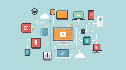 Crossplatform marketing, connecting devices, flat design illustration