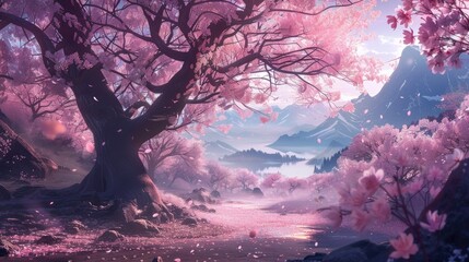 Stunning anime landscape showcasing cherry blossom trees in full bloom, with soft pink petals and a peaceful setting