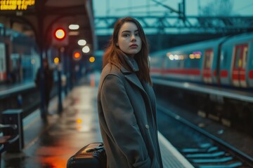 A young woman stands at a train station platform waiting for a train. Travel and tourism concept.
