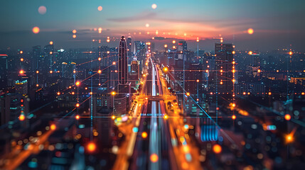 Fototapeta premium Isometric smart city design concept. Business center with skyscrapers and intelligent buildings,IOT for the internet of things