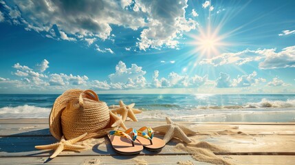 Beautiful summer background with beach accessories, flipflops and bag on a wooden table, blue sky with clouds, sun rays