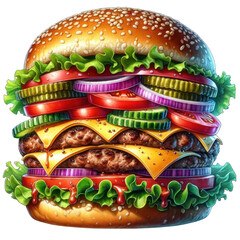 A juicy cheeseburger on a sesame seed bun with lettuce, tomato, and cheese sits alone on a white plate
