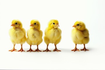 Fototapeta premium Three chicks in front of white background.