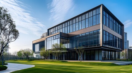 Obraz premium Sleek and Sophisticated Commercial Office Building with Lush Landscape