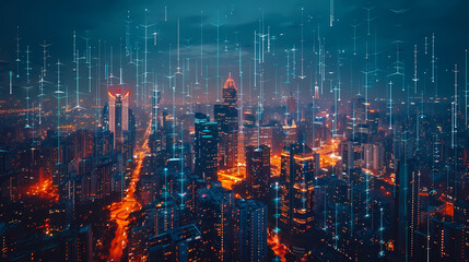 Obraz premium Isometric smart city design concept. Business center with skyscrapers and intelligent buildings,IOT for the internet of things