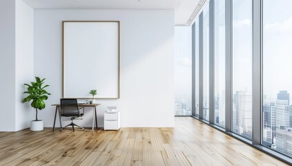 White open space office interior with blank wall