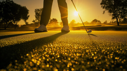 Golfer lining up for a tee shot at sunrise with dew on the grass