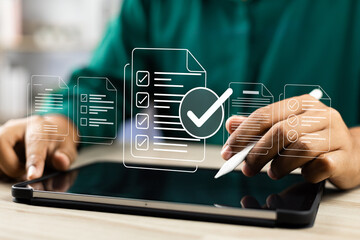 Business performance monitoring and evaluation concept, Take an assessment, Business man using laptop and tablet online checklist survey, Filling out digital checklist, Questionnaire with checkboxes.