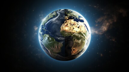 Fototapeta premium Celestial alignment sun, moon, and earth in space, illuminated continents, with moon visible