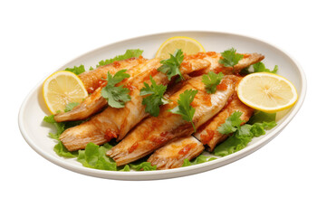 Fried sea bass with fish sauce Isolated pieces on a white background Shows fish that is crispy on the outside and soft on the inside. isolated on a white background