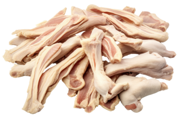 Fresh chicken bones. Detailed components separated on white background. Emphasis on the details of chicken that is fresh, free of bruises, and that the fat is evenly distributed.