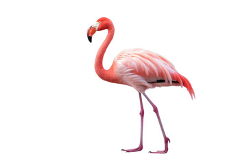 Flamingo standing on salt island The bright pink fur contrasts with the reflective white salt. salt-stained feathers and the barren landscape