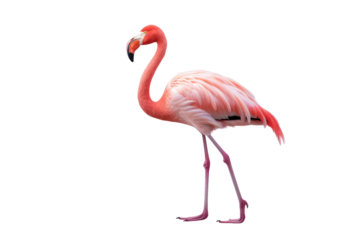 Flamingo standing on salt island The bright pink fur contrasts with the reflective white salt. salt-stained feathers and the barren landscape