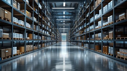 clean industrial warehouse with rows of uniform shelves and clear pathways, impeccable organization, close up, neatness, realistic, multilayer, storage room backdrop