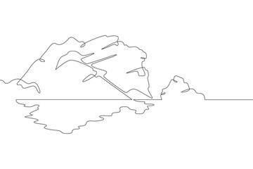 Sea cliffs with reflection. Beautiful rocky coast. Mountain landscape. Seashore.One continuous line drawing on a white isolated background. Minimalism linear illustration.