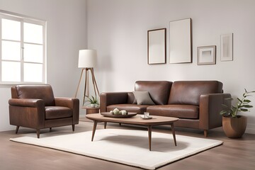 Living room interior with brown couch and white wall. Generative ai Illustration