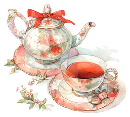 PNG  Elegant floral tea set illustration