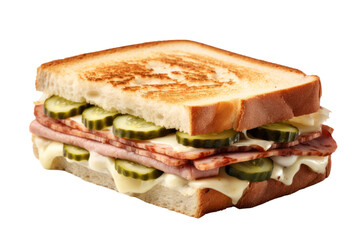 Cubano Sandwich Isolated pieces on a white background Shows crisp Cuban bread. Juicy pork sausage oozing swiss cheese and pickled cucumbers clearly