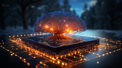 Glowing wireframe artificial intelligence brain on circuit board with orange nodes